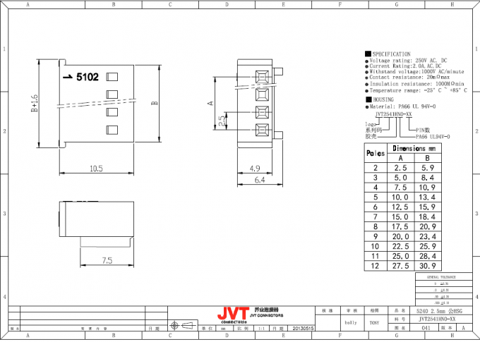 JVT 2.5mm αρσενικά και θηλυκά κατοικία και τερματικό ζευγαρώματος συνδετήρων πισσών καλώδιο στο καλώδιο