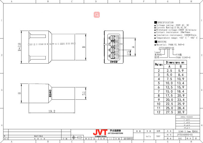 JVT 2.5mm αρσενικά και θηλυκά κατοικία και τερματικό ζευγαρώματος συνδετήρων πισσών καλώδιο στο καλώδιο