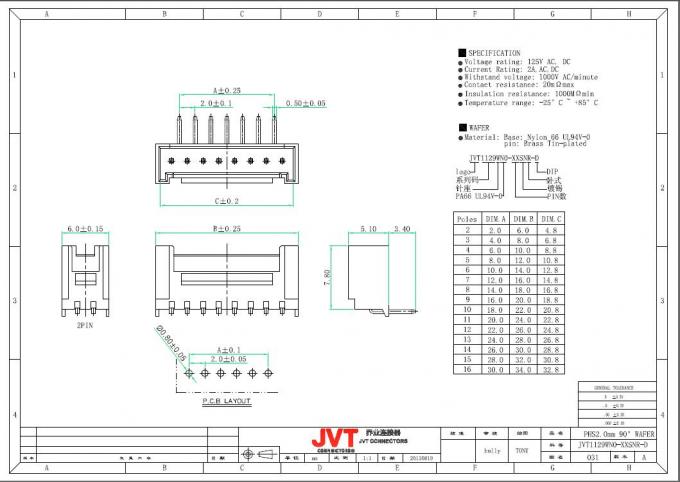 2.0mm επιγραφή υποδοχών 10 PCB τρόπων - τύπος SMT και τύπος ΕΜΒΎΘΙΣΗΣ - ενιαίος υπόλοιπος κόσμος - σωστή γωνία, Nylon66 UL94V-0