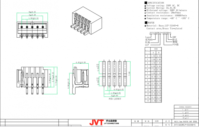 1.5Mm Pitchs PCB πινάκων συνδετήρων γωνίας 2-15 - που καλύπτεται κασσίτερος τύπων καρφιτσών SMT σωστής