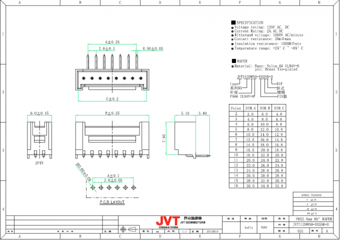 JVT PHS 2.0mm ενιαίο καλώδιο υπόλοιπου κόσμου για να επιβιβαστεί Crimp στους συνδετήρες ύφους με τις ασφαλείς συσκευές κλειδώματος