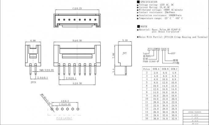 Καλώδιο συνδετήρων PCB τύπων SMT για να επιβιβαστεί στην καρφίτσα 2 - νάυλον 66 UL94V-0 16 καρφιτσών